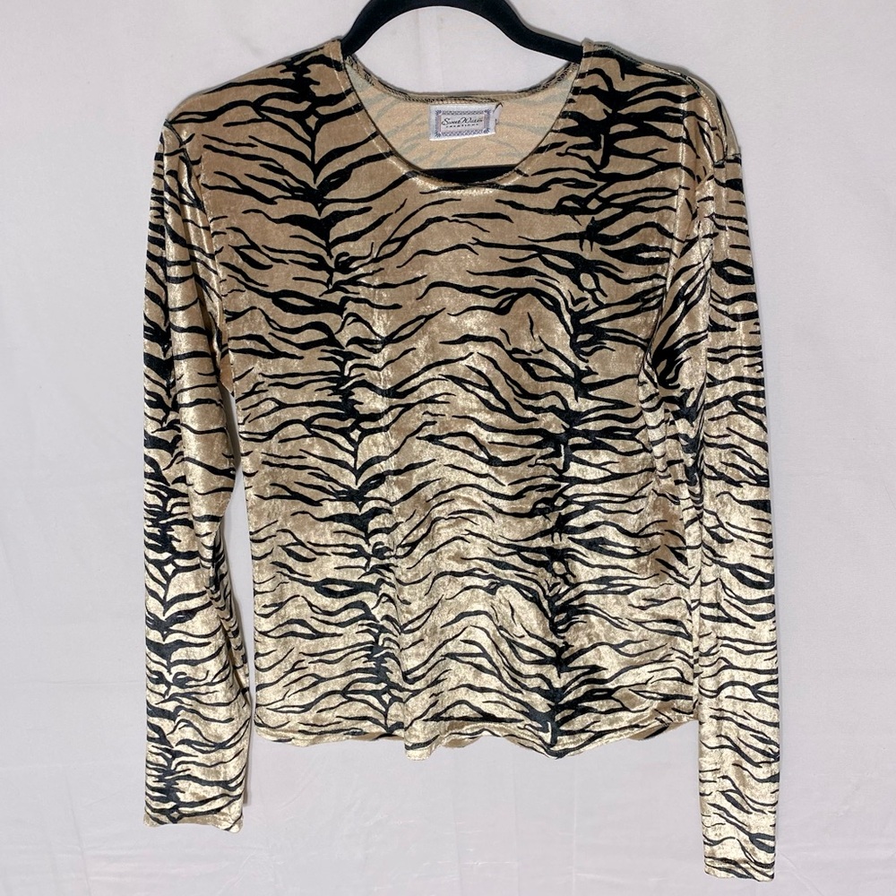 Vintage Sweetwater Creations Shiny Velour Zebra Print Scoop Neck Blouse S